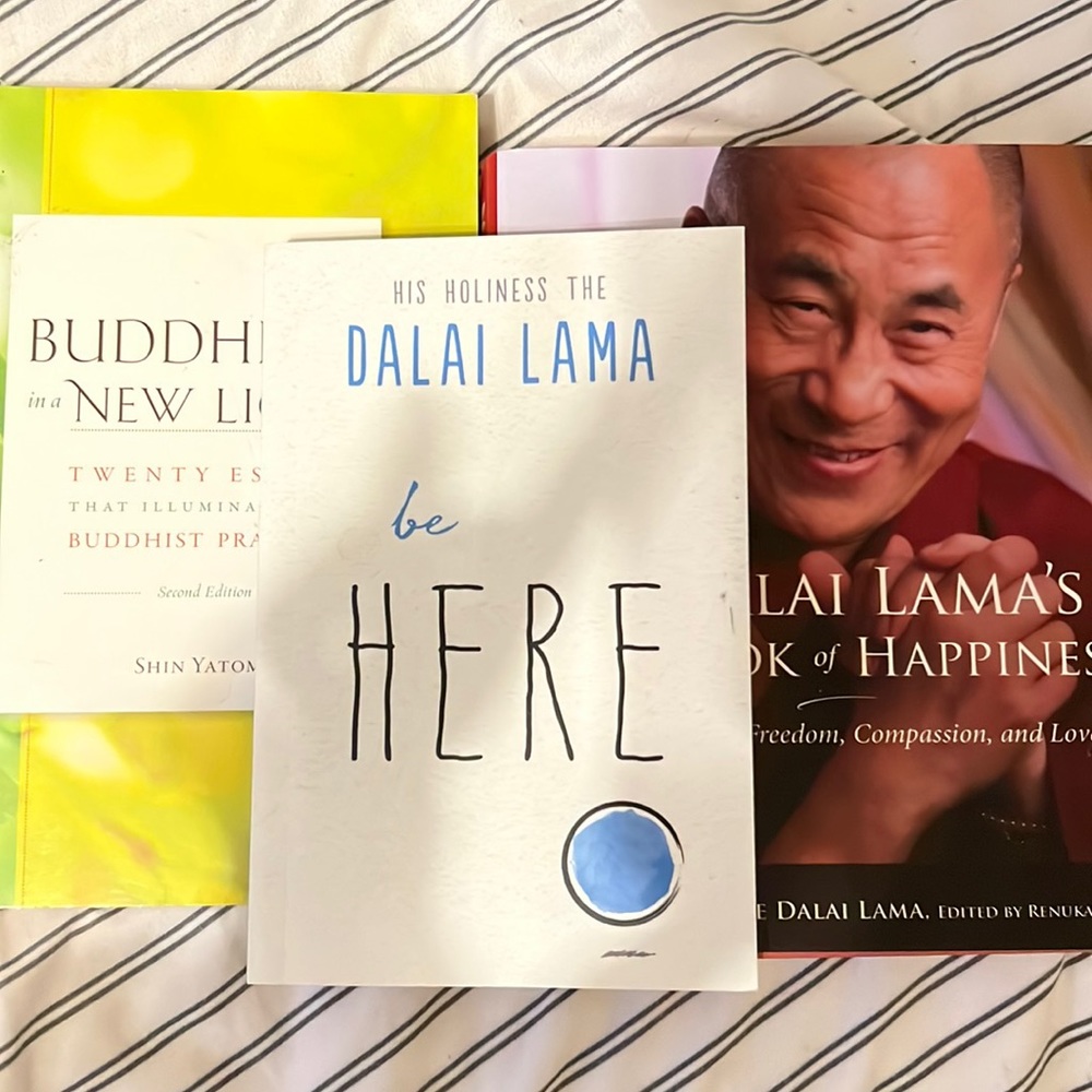 3 books: Buddhism in the new light | be here | Dalai Lama big book of happiness